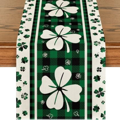 Artoid Mode Green Clover Buffalo Plaid Shamrocks St.Patrick's Day Table Runner, Seasonal Kitchen Dining Table Decoration for Indoor Home Party 13x120 Inch