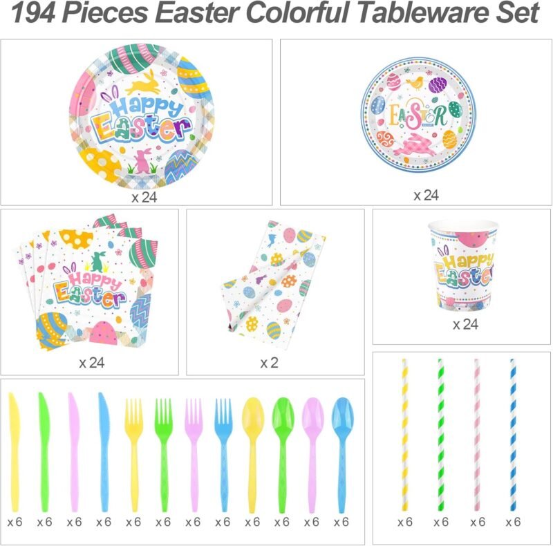 durony 194 Pieces Easter Colorful Tableware Set Dinnerware Bundle Including Paper Plates Cups Napkins Straws Plastic Cutlery Tablecloth for Easter Party Supplies Decorations, Serves 24 Guests - Image 3