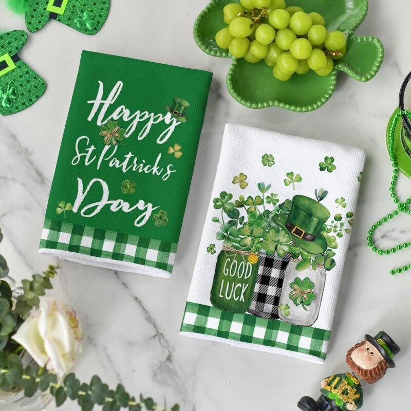 Artoid Mode Buffalo Plaid Shamrock St. Patrick's Day Kitchen Towels Dish Towels, 18x26 Inch Farmhouse Spring Decoration Hand Towels Set of 4 - Image 4
