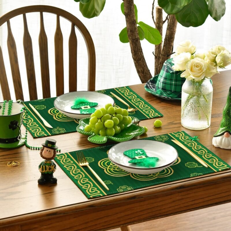 Artoid Mode Green Stripes Shamrocks St. Patrick's Day Placemats Set of 4, 12x18 Inch Luck Spring Table Mats for Party Kitchen Dining Decoration - Image 3