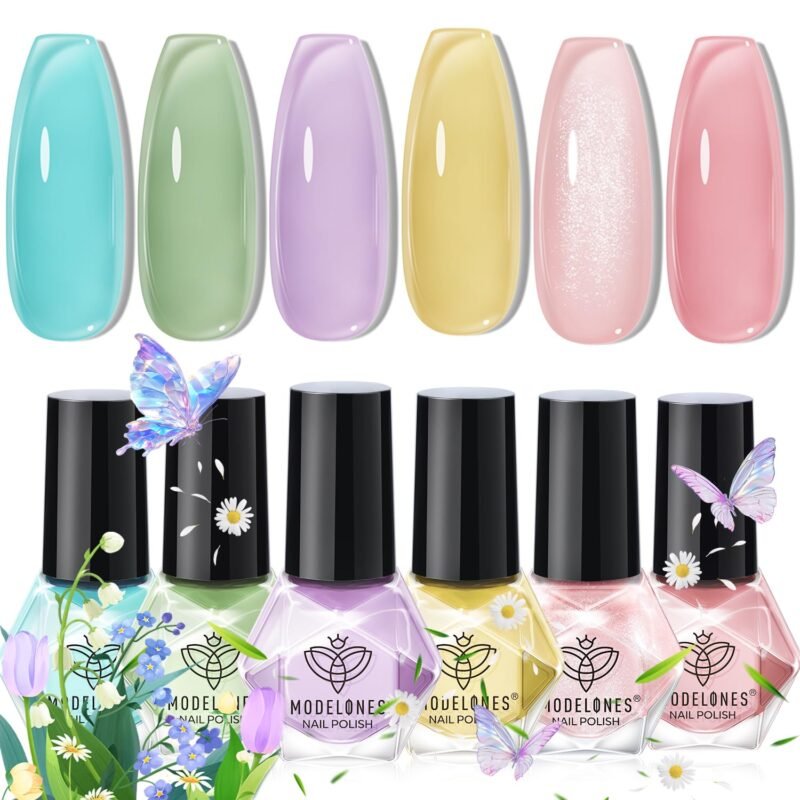 modelones Nail Polish Set, 6 Colors Spring Jelly Pastel Nail Polish Sheer Nude Pink Yellow Lavender Purple Baby Blue Mint Green Silver Pink Nail Polish Kit 2025 Gifts for Women Salon DIY Manicure Kit