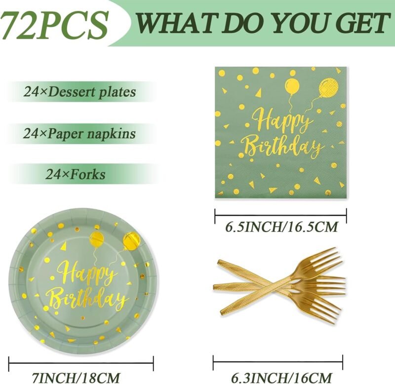72PCS Happy Birthday Paper Plates - Sage Green and Gold Tableware Set Include 7Inch Paper Plates 6.5 Inch Napkins and 6.3 Inch Forks Disposable Decoration Supplies for Birthday Party,Serve 24 - Image 2