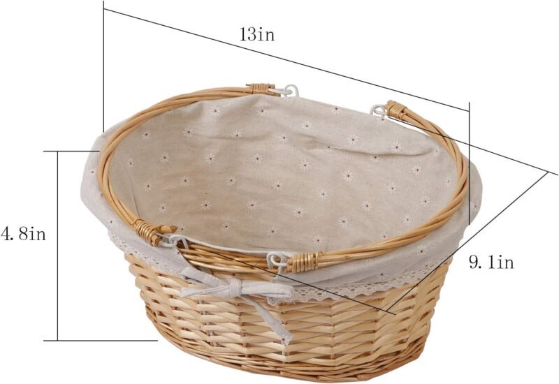 KINJOEK 2 Packs Wicker Woven Basket, 13" x 9" x 4.8" Multipurpose Natural Willow Basket with Handle Premium Linen Cotton Cloth Lining for Storage and Decoration, Natural - Image 3