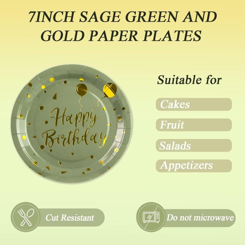 72PCS Happy Birthday Paper Plates - Sage Green and Gold Tableware Set Include 7Inch Paper Plates 6.5 Inch Napkins and 6.3 Inch Forks Disposable Decoration Supplies for Birthday Party,Serve 24 - Image 3