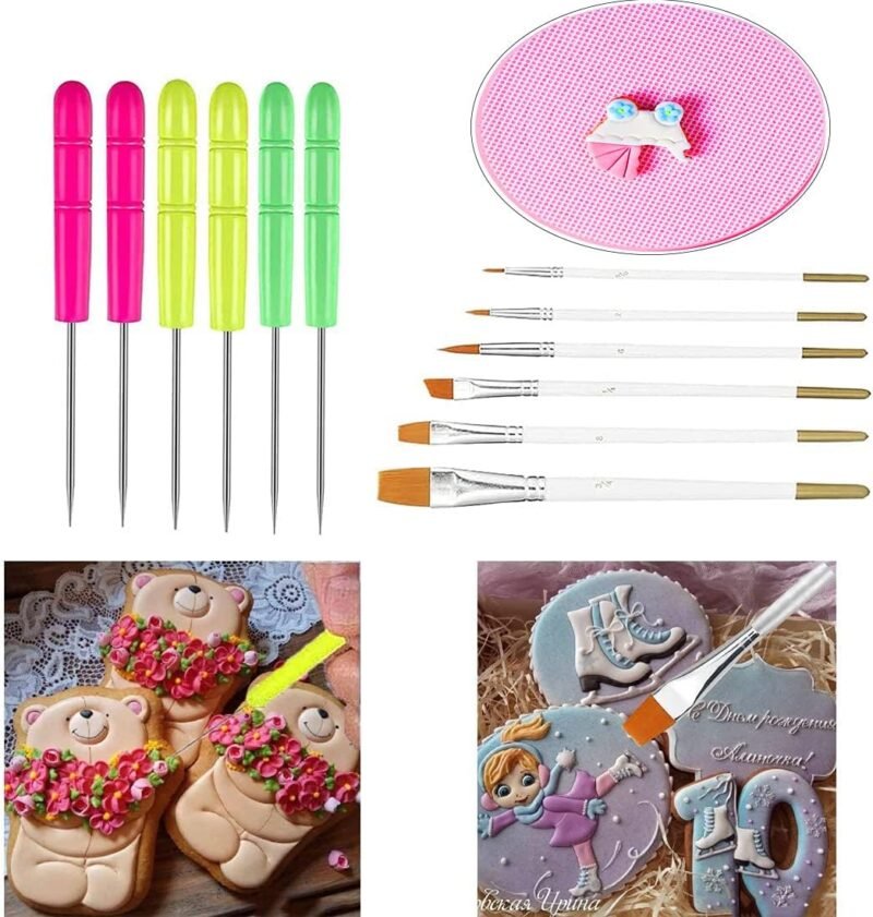 16 Pc Cookie Decorating Kit - 2 Acrylic Turntables, 6 Scribe Needles, 2 Mesh Mats, 6 Decoration Brushes - Image 6