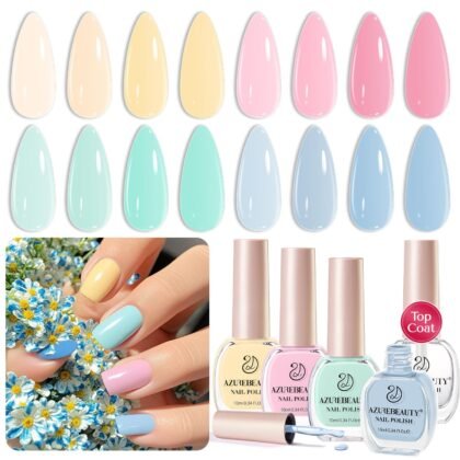 AZUREBEAUTY Nail Polish Set, 4 Colors Pastel Spring Macarons Pink Blue Green Yellow Quick Dry Vegan Natural Easter Gift Fingernail Lacquer Strengthening Kit with Top Coat DIY Salon at Home