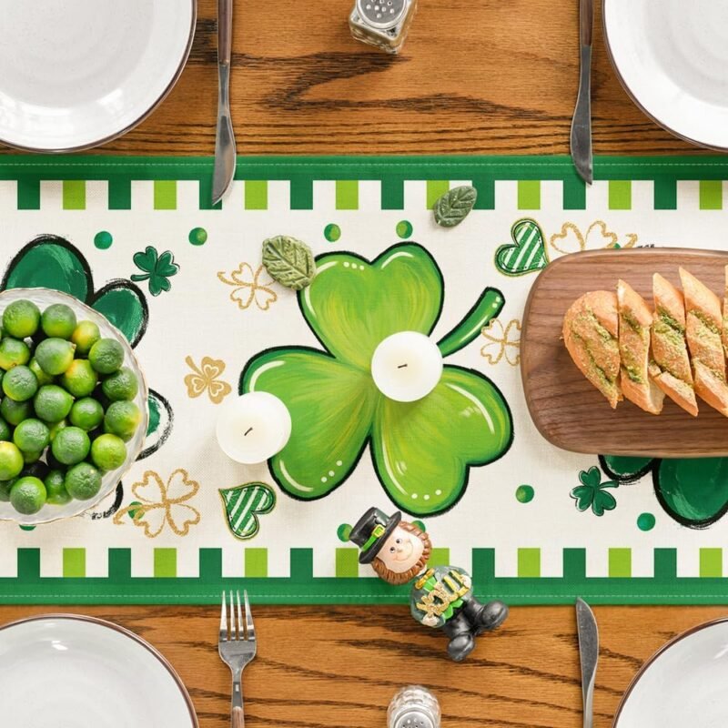Artoid Mode Four Leaf Clover Shamrocks St. Patrick's Day Table Runner, Lucky Stripes Kitchen Dining Table Decoration for Home Party Decor 13x120 Inch - Image 4