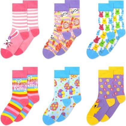 Vansolinne 6 Pairs Easter Women Casual Crew Cotton Socks, Easter Bunny Mid-calf Length Hosiery Festive Gift For Ladies Teens