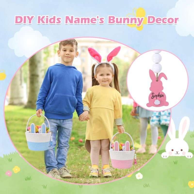 Easter Baskets for Kids, Pink Large Woven Rope Bunny Personalized Easter Basket Empty with Handle, Basket Name Tag, Baby Egg Easter Baskets for Girls, Boys, Toddler, Babies, Infant, Easter Gifts - Image 5