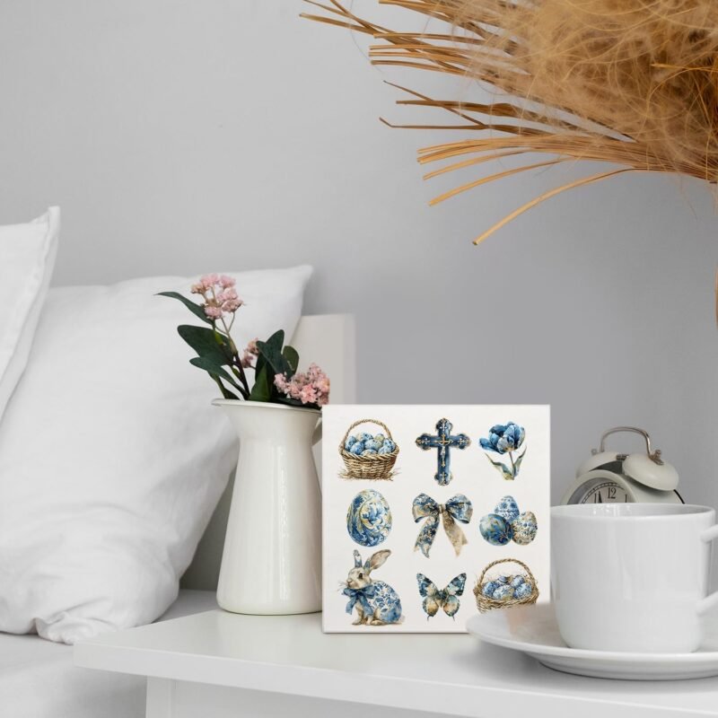 Easter Sign, Coquette Blue Floral Bow Christian Easter Wooden Box Sign, Christian Easter Decorations, Easter Bunny Eggs Wood Signs for Home Office Desk Shelf Table Decor, 5x5 Inch - Image 2