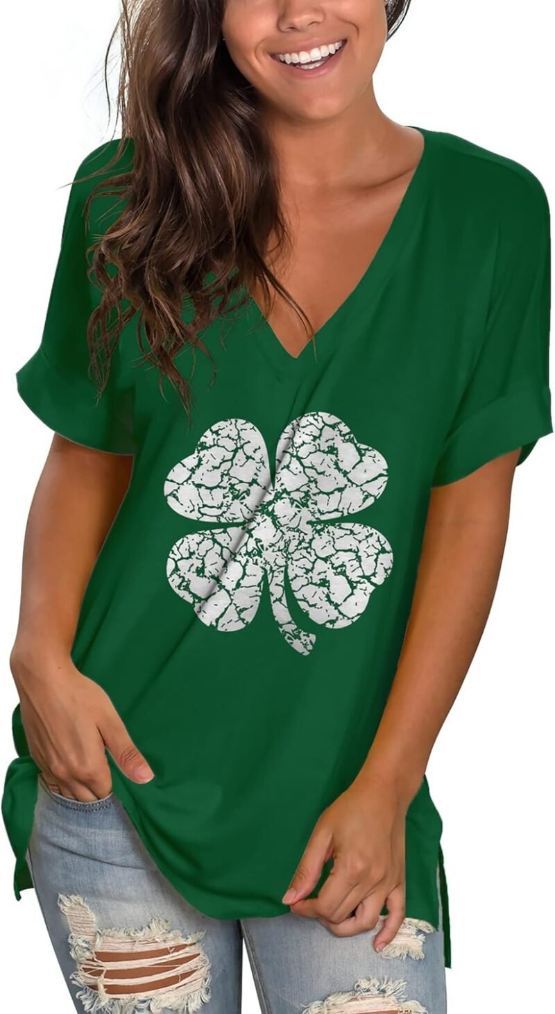 SAMPEEL Women's V Neck T Shirts Casual Rolled Short Sleeve Side Split Summer Tops Loose Fit - Image 2