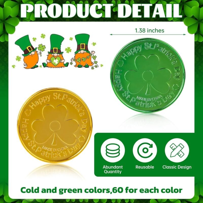 St Patrick's Day Decorations Plastic Gold Coins, 120 Pieces Shamrock Lucky Coins for St Patricks Day Decorations Favors - Image 3