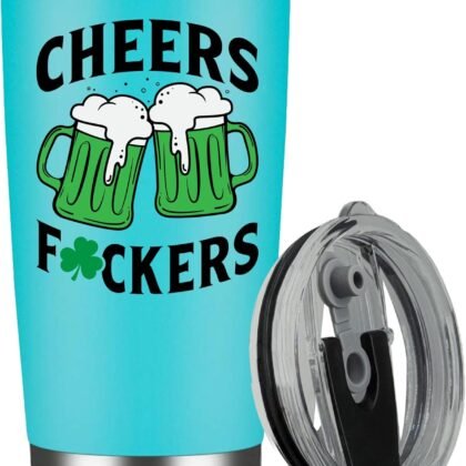 St Patricks Day Cheers Fuckers Tumbler - 20 Oz Mint Green Stainless Steel Insulated Tumbler - Funny Tumbler for Men - St. Patricks Day Gifts for Men