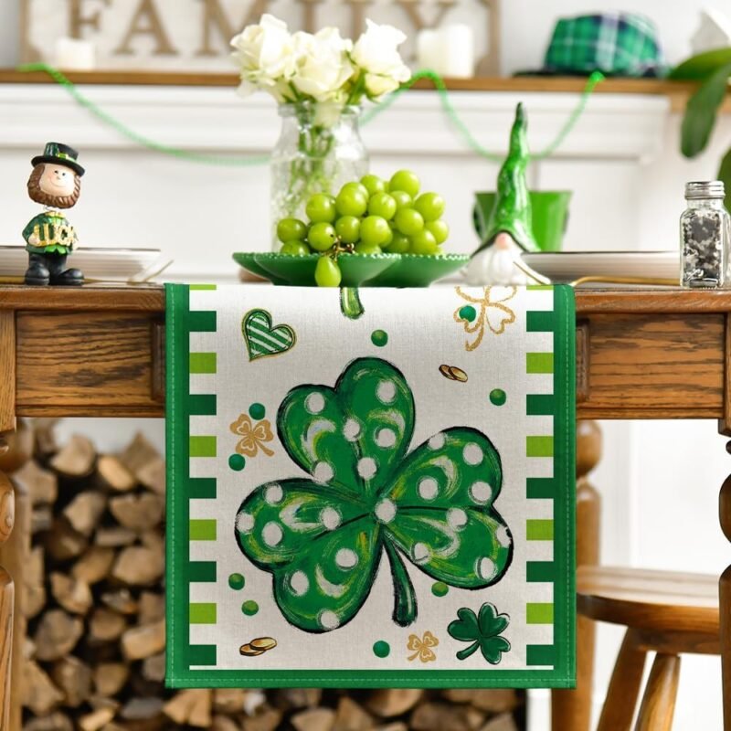 Artoid Mode Four Leaf Clover Shamrocks St. Patrick's Day Table Runner, Lucky Stripes Kitchen Dining Table Decoration for Home Party Decor 13x120 Inch - Image 2