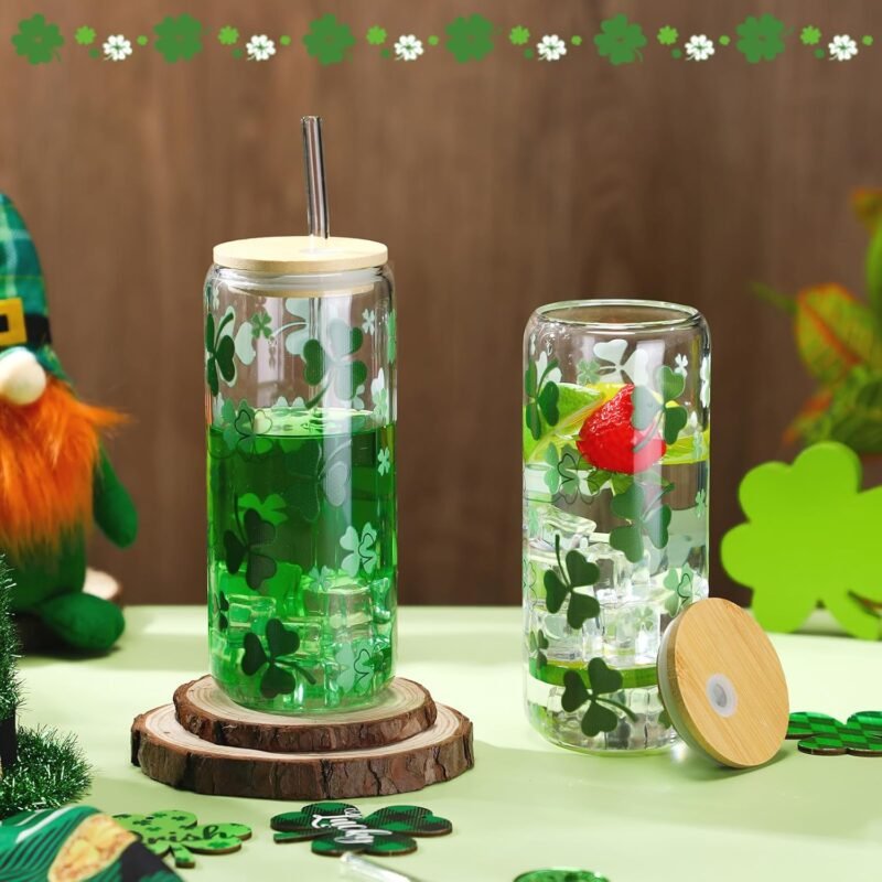 Maxcheck 2 Pcs 20 Oz Ice Coffee Cup Drinking Glasses Cup Beer Glass Iced Coffee Glasses with Bamboo Lids Glass Straw and Cleaning Brushes for Cocktail Beer Soda (St. Patrick's Day) - Image 2