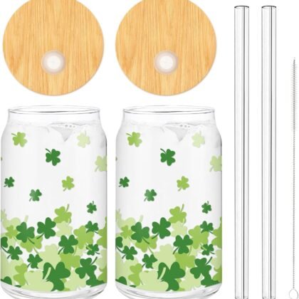 Whaline 2 Pack St Patrick's Day Drinking Glasses Green Shamrock Iced Coffee Cup Lucky Clover Beer Can Glass with Lid Straw Cleaning Brush for Home Office Gifts,16oz