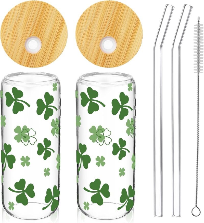 Maxcheck 2 Pcs 20 Oz Ice Coffee Cup Drinking Glasses Cup Beer Glass Iced Coffee Glasses with Bamboo Lids Glass Straw and Cleaning Brushes for Cocktail Beer Soda (St. Patrick's Day)
