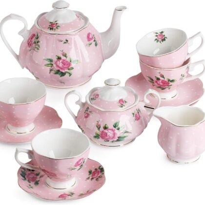 BTaT- Floral Tea Set, Tea cups (8oz), Tea Pot (38oz), Creamer and Sugar Set, Gift box, China Tea Set, Tea Sets for Women, Tea Cups and Saucer Set, Tea Set for Adults, 4 Tea Cups Set