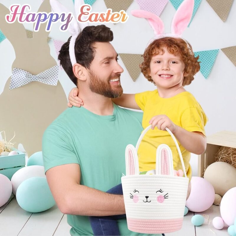 Personalized Easter Basket for Toddler, Woven Baby Easter Gifts basket with Handle, Empty Bunny Egg Basket for Girls Boys Kids, Pink&White - Image 7