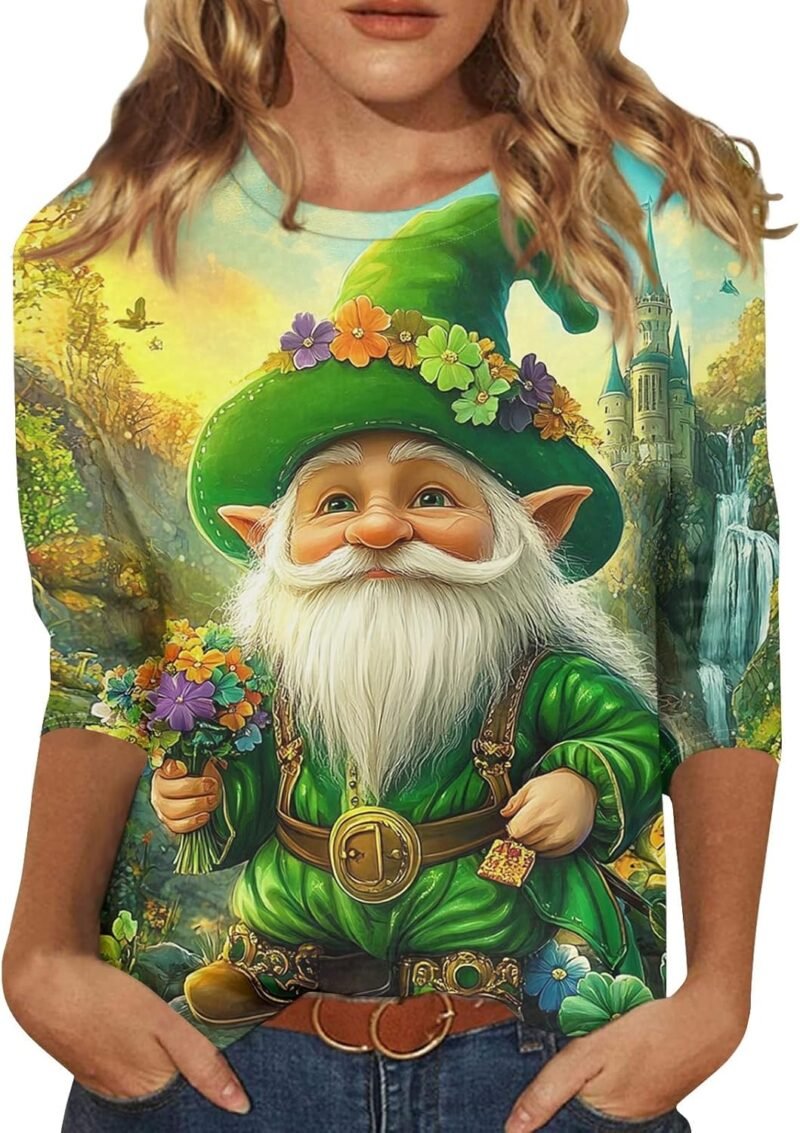 St Patricks Day Shirt Women 2025 Funny Lucky Irish Shamrock Paddy's Day Tee Crew Neck 3/4 Sleeve Graphics T-Shirt