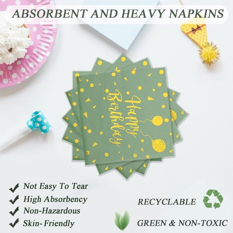 72PCS Happy Birthday Paper Plates - Sage Green and Gold Tableware Set Include 7Inch Paper Plates 6.5 Inch Napkins and 6.3 Inch Forks Disposable Decoration Supplies for Birthday Party,Serve 24 - Image 4