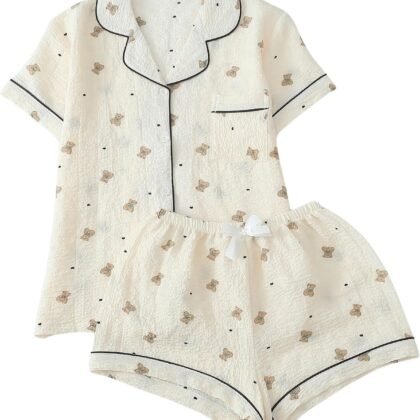 Women's Two Piece Pajama Sets Allover Print Short Sleeve Sleepwear Button Down Shirt and Bow Shorts Pj Set Loungewear