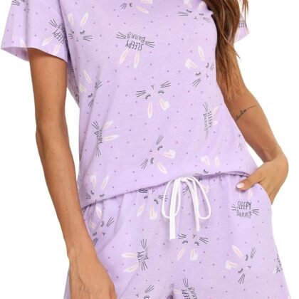 ENJOYNIGHT Cute Pajama Sets for Women Sleepwear Print Tee and Shorts Pajama Set Cotton Pj Set