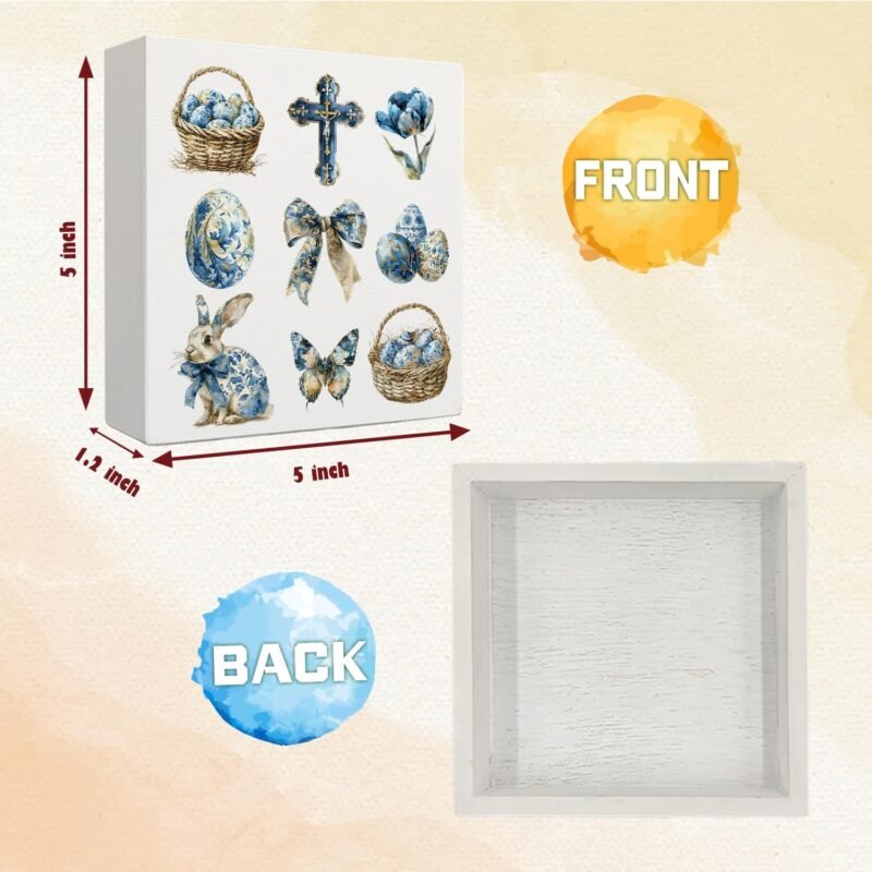 Easter Sign, Coquette Blue Floral Bow Christian Easter Wooden Box Sign, Christian Easter Decorations, Easter Bunny Eggs Wood Signs for Home Office Desk Shelf Table Decor, 5x5 Inch - Image 5