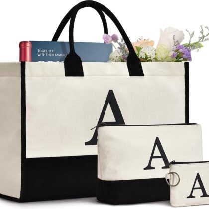 Initial Canvas Tote Bag Birthdays Gift for Women Mom Teacher Friend Bridesmaid,Custom for Wedding Beach Holidays