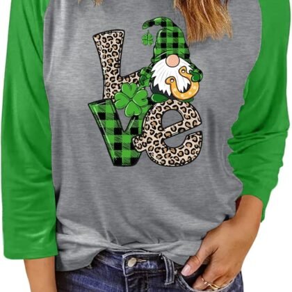 Anbech Women's Long Sleeve Graphic Tshirts Kindness Print Crew Neck Shamrock Tee Tops