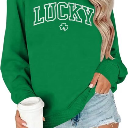VVNTY St. Patrick's Day Sweatshirt for Women: Embroidered Lucky Shamrock Graphic Tee Shirts Paddy's Day Pullover Tops