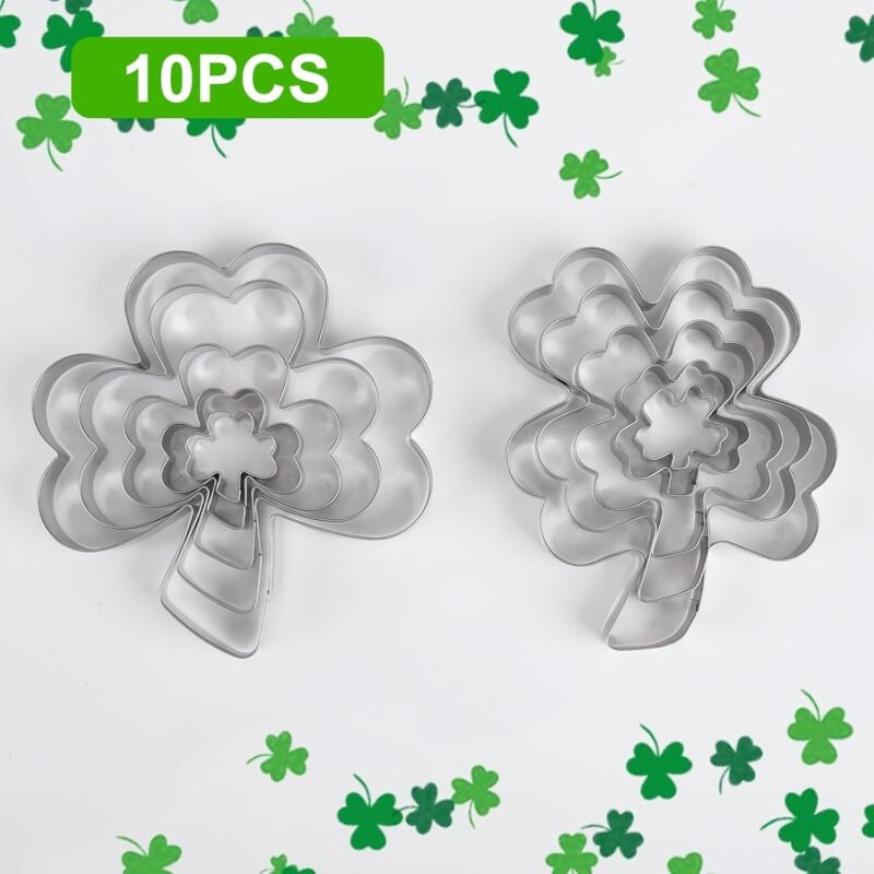 10PCS Shamrock Cookie Cutter Set,Four Leaf Clover Shaped Cookie Cutters,St Patricks Stainless Steel Cookie Cutters,For Baking Decorative Party Supplies by EGYPAMID - Image 2