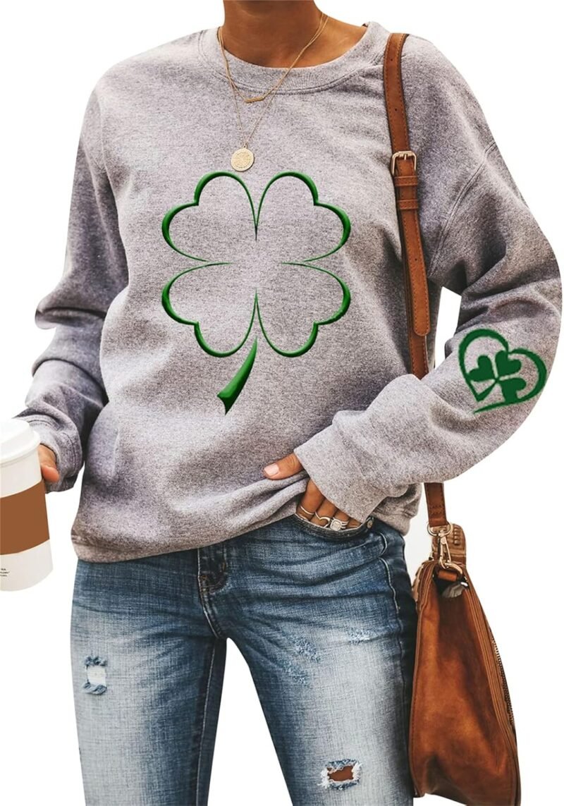YMING Women's St. Patricks Day Loose Fit Sweatshirt Irish Clover Print Long Sleeve Pullover Shamrock Round Neck Shirt Tops