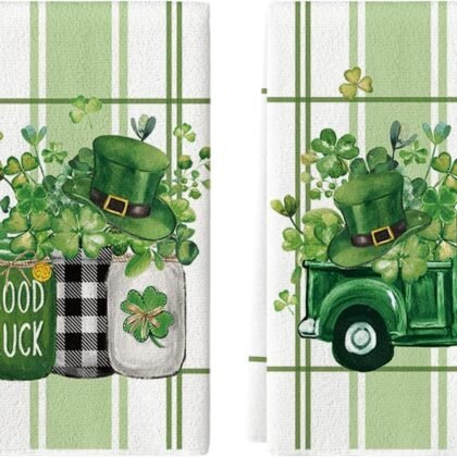 Artoid Mode Truck Hat Lucky Shamrock Bottles St. Patrick's Day Kitchen Towels Dish Towels, 18x26 Inch Farmhouse Spring Decoration Hand Towels Set of 2