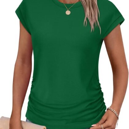 SAMPEEL Womens Summer Tops Trendy 2025 Ruched Cap Short Sleeve Tshirts Shirts Crew Neck T Shirts Fashion