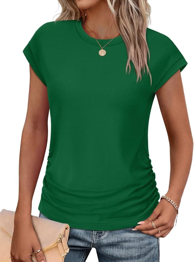 SAMPEEL Womens Summer Tops Trendy 2025 Ruched Cap Short Sleeve Tshirts Shirts Crew Neck T Shirts Fashion