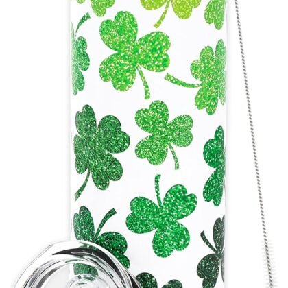Whaline St. Patrick's Day Tumbler with Lid and Straw Green Shamrock Stainless Steel Cup Lucky Clover Tumbler Cup for Irish Party Decor Home Office Supplies