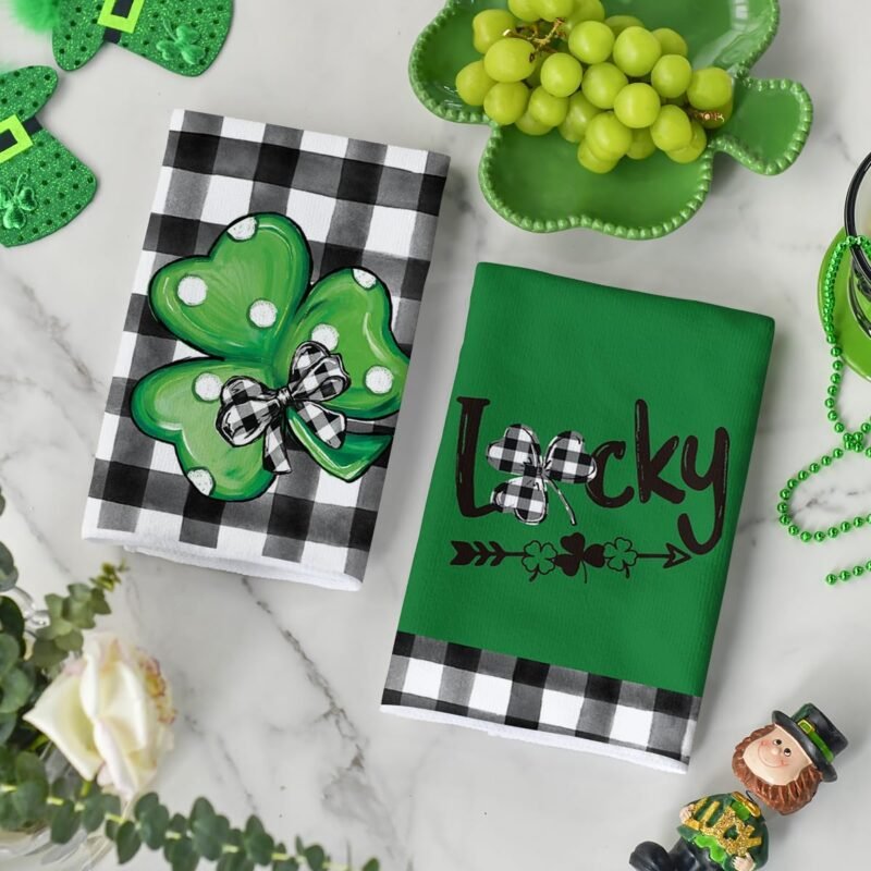 Artoid Mode Buffalo Plaid Dots Shamrocks Lucky St.Patrick's Day Kitchen Towels Dish Towels, 18x26 Inch Seasonal Spring Decoration Hand Towels Set of 2 - Image 3