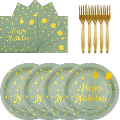 72PCS Happy Birthday Paper Plates - Sage Green and Gold Tableware Set Include 7Inch Paper Plates 6.5 Inch Napkins and 6.3 Inch Forks Disposable Decoration Supplies for Birthday Party,Serve 24