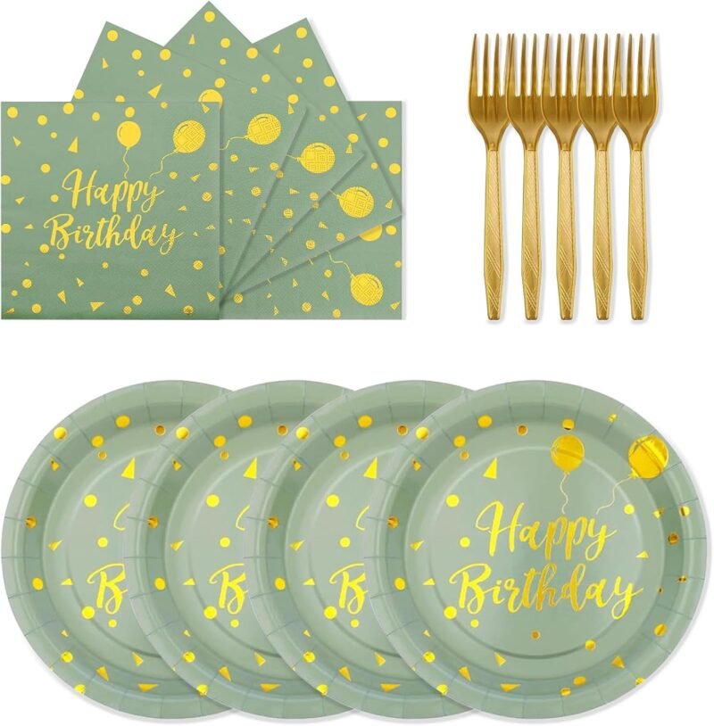 72PCS Happy Birthday Paper Plates - Sage Green and Gold Tableware Set Include 7Inch Paper Plates 6.5 Inch Napkins and 6.3 Inch Forks Disposable Decoration Supplies for Birthday Party,Serve 24