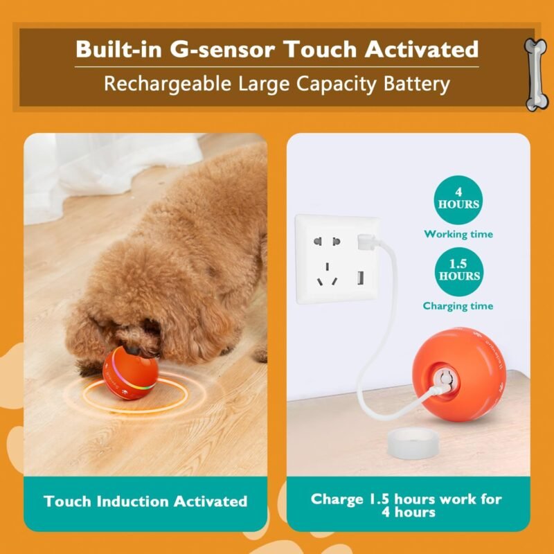 PetDroid Interactive Dog Toys Dog Ball,[2025 Newly Upgraded] Durable Motion Activated Automatic Rolling Ball Toys for/Small/Medium/Large Dogs,USB Rechargeable (Orange) - Image 3