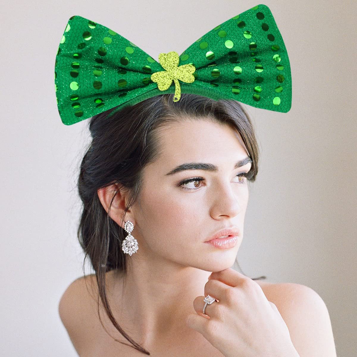 St. Patrick's Day Headband Green Sequins Bowknot Headbands Patrick's Day Hair Hoops Shamrock Clover Headband Leprechaun Hat Headpieces Festival Costume Accessories for Women and Girls - Image 6