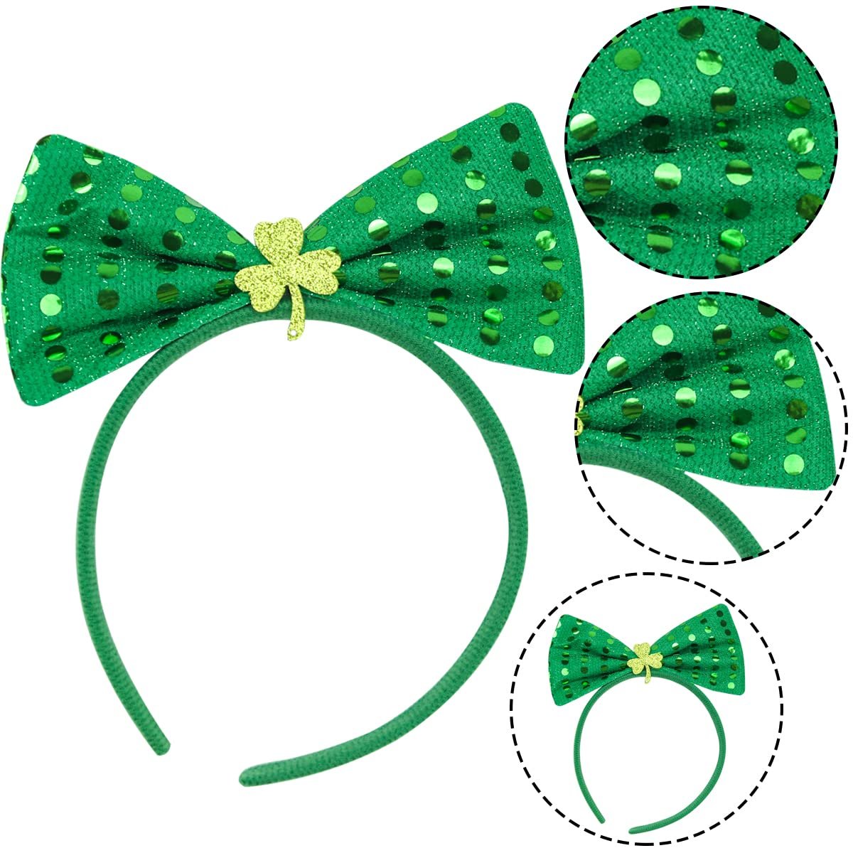 St. Patrick's Day Headband Green Sequins Bowknot Headbands Patrick's Day Hair Hoops Shamrock Clover Headband Leprechaun Hat Headpieces Festival Costume Accessories for Women and Girls - Image 3
