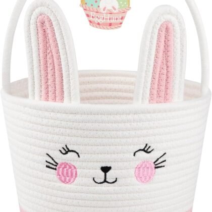 Personalized Easter Basket for Toddler, Woven Baby Easter Gifts basket with Handle, Empty Bunny Egg Basket for Girls Boys Kids, Pink&White