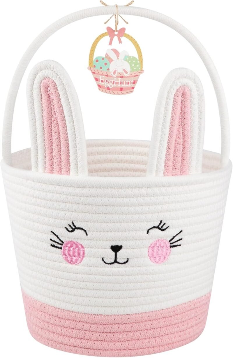 Personalized Easter Basket for Toddler, Woven Baby Easter Gifts basket with Handle, Empty Bunny Egg Basket for Girls Boys Kids, Pink&White