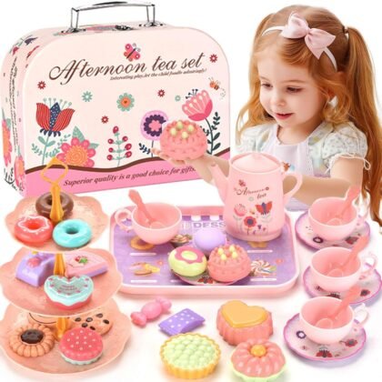 Kids Tea Party Set for Little Girls - Birthday Gift Toys for 3-8 Year Old Girls - Cute Princess Play Toddlers Tin Tea Set - Pretend Toys with Desserts, Flower Teapot, and Carrying Case