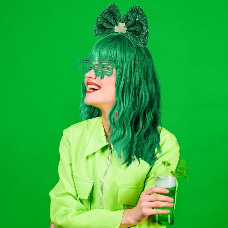 Geyoga 6 Pcs St. Patricks Day Costume Accessories Set Green Wigs for Women Clovers Glasses Shamrock Headbands Leprechaun Irish Thigh High Socks Sleeves - Image 5