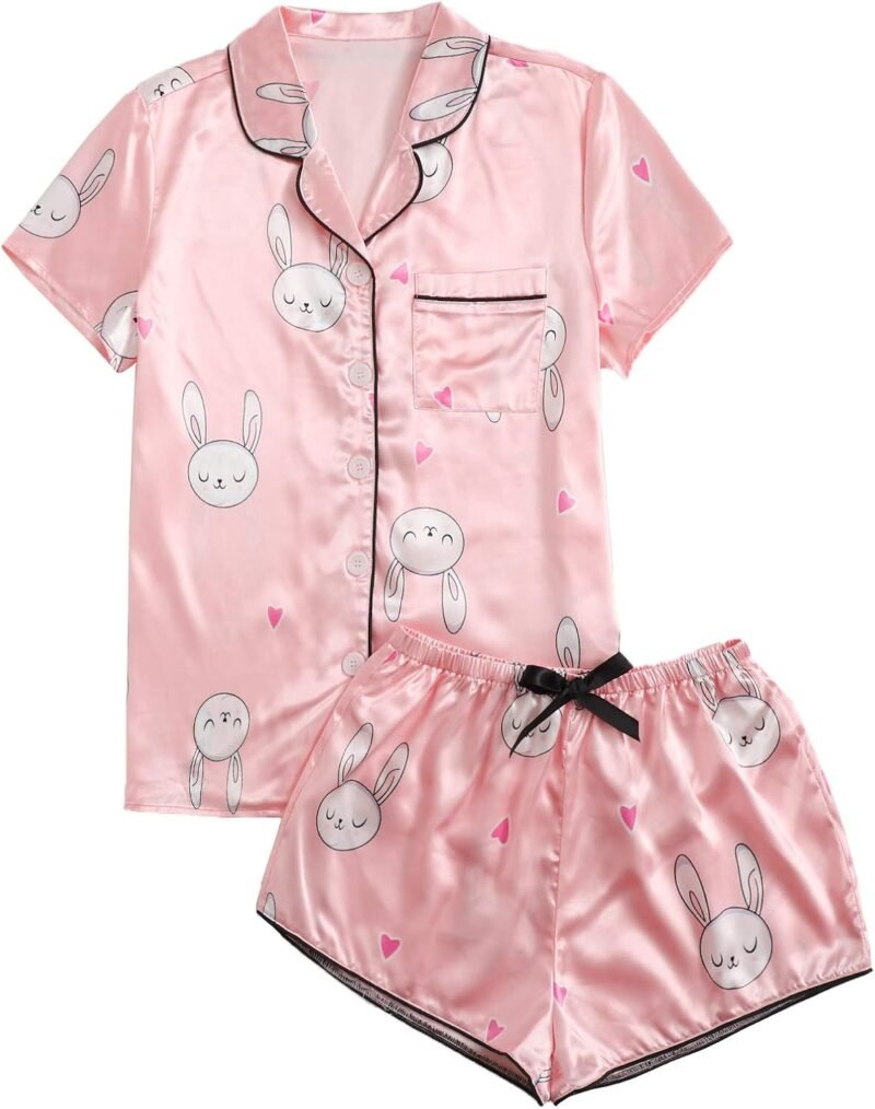 WDIRARA Women's Sleepwear Satin Short Sleeve Shirt and Shorts Pajama Set