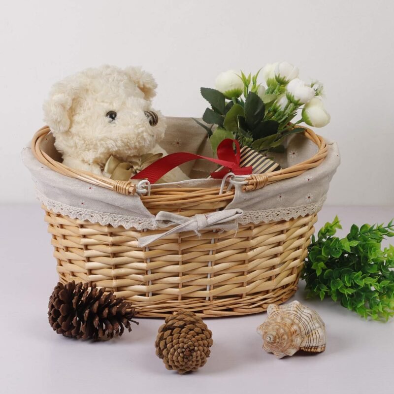 KINJOEK 2 Packs Wicker Woven Basket, 13" x 9" x 4.8" Multipurpose Natural Willow Basket with Handle Premium Linen Cotton Cloth Lining for Storage and Decoration, Natural - Image 6