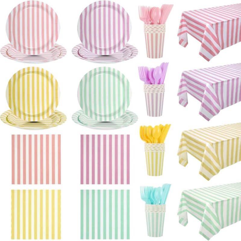 172pcs Pastel Plates and Napkins, 24 Guests Ice Cream Plates Napkins Set Striped Pastel Party Supplies Pastel Striped Party Decorations Macaron Color Tableware for Summer Birthday Tea Party